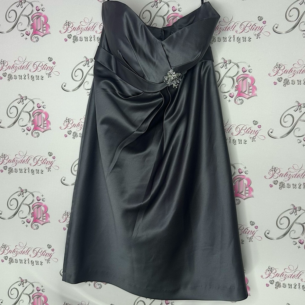 Bill levkoff dress formal Elegant Gray Strapless Dress rhinestone brooch cinch